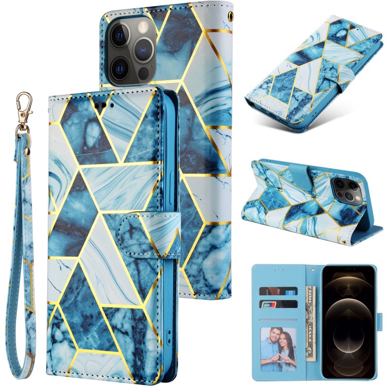 Hot Stamped Marble Splicing Phone Case with Flip Cover and Card Slot